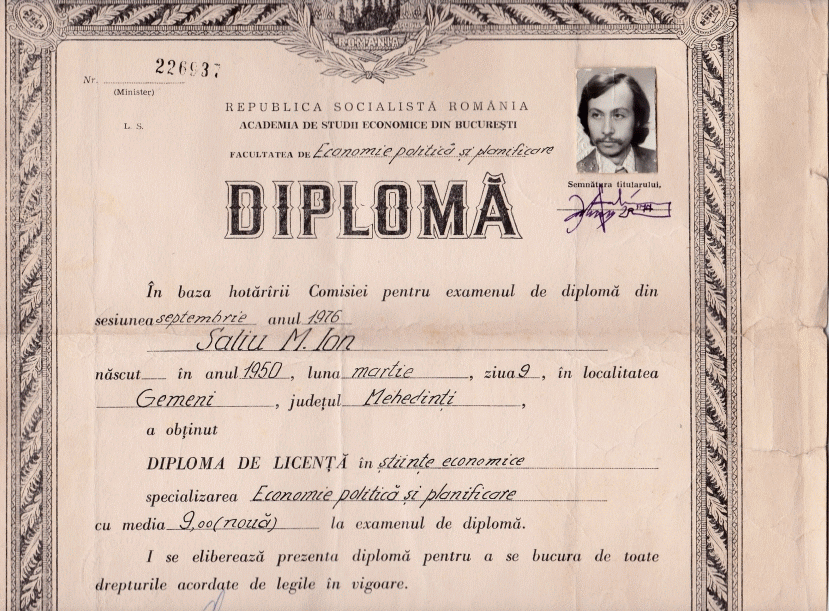 The top side of Ion Saliu's Diploma in Political Economy.