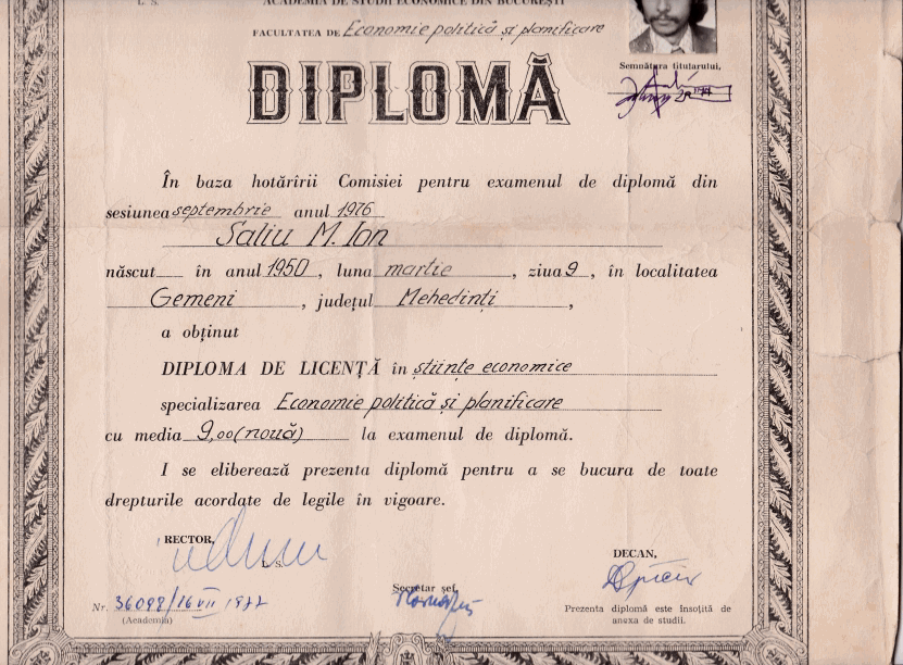 The bottom side of Ion Saliu's Diploma in Political Economy.
