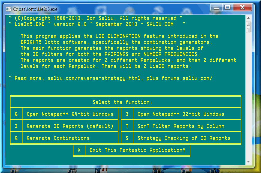 This program applies the LIE ELIMINATION reversed lottery strategy feature introduced in Bright lotto software, in combination generators.