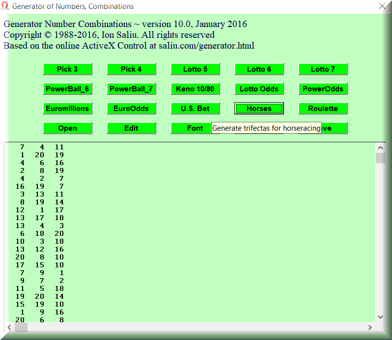 The standalone program runs offline to generate horse trifectas, triactors, superfectas any time.