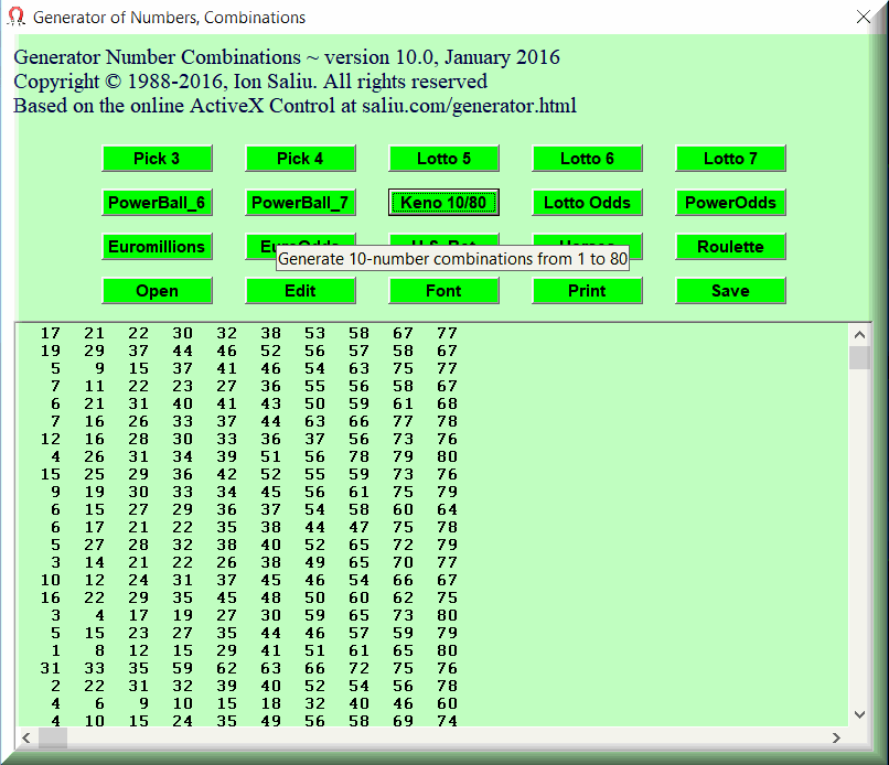 The best Keno random numbers, combinations generator is free to download and run on your computer.