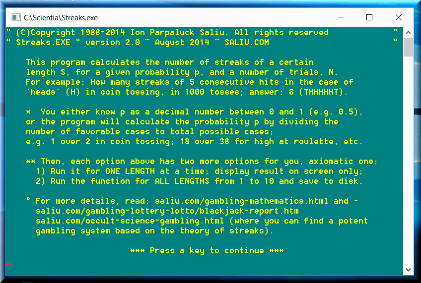 Probability software proves that probability theory is gambling mathematics of streaks, including casino, lottery.