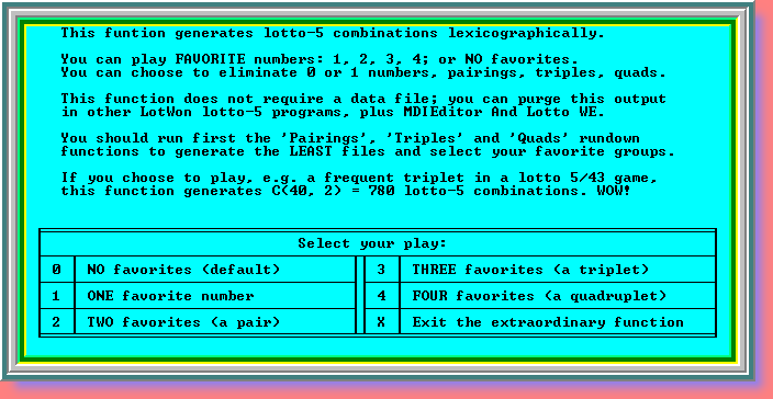 Generate lotto 5 combinations, favorites, eliminate leasts.