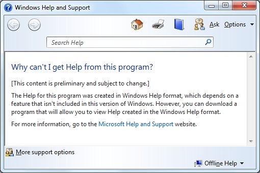 The Microsoft support website states that no help is available for certain applications.