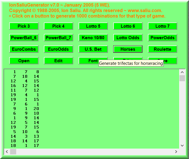 Software generates random numbers for horse racing: Trifectas for winning betting, wagering.