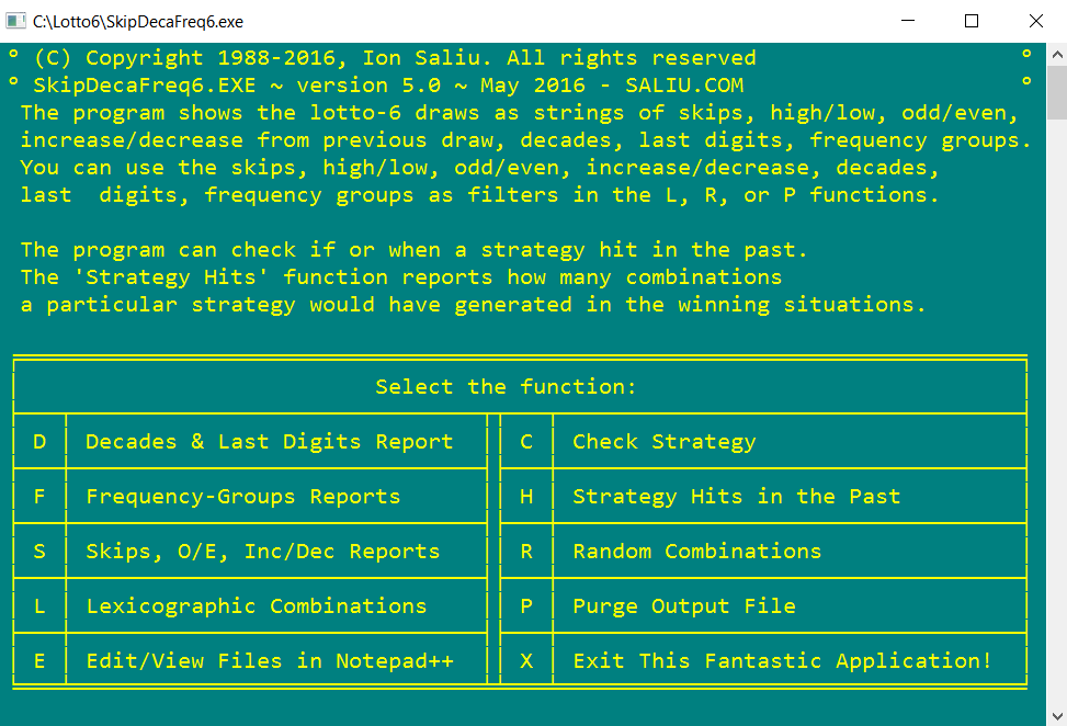 Run lottery software for systems based on lotto decades, skips, frequency of numbers, last digits.