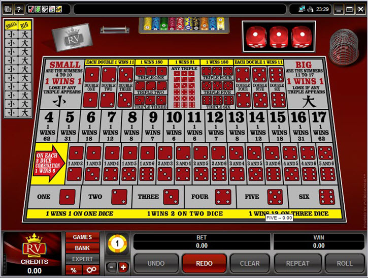 See image of Sic Bo layout, dice, bets, odds, payouts, chips, money, bank, bankroll.