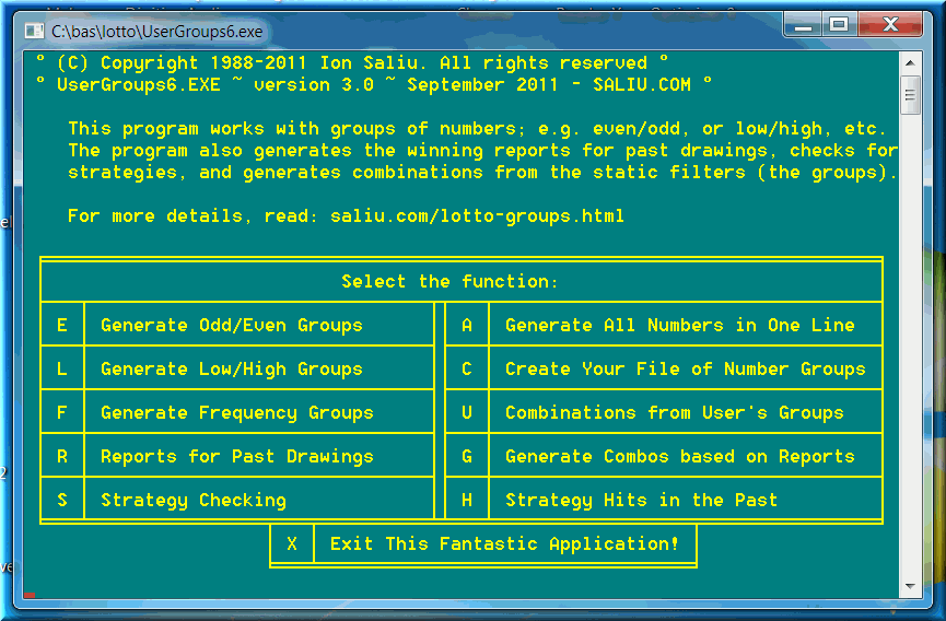 The menu of the only lottery software program to generate combinations from user groups of numbers.